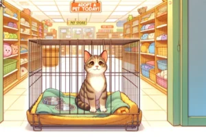 a hopeful cat sitting inside a pet store cage creating a heartwarming scene that conveys a sense of optimism